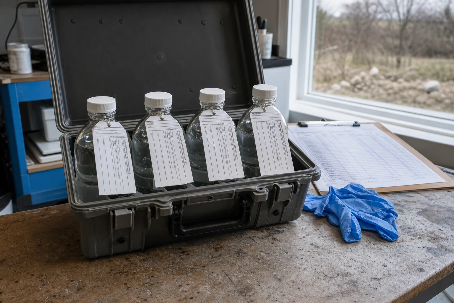 Plastic case with four glass EPA-style water sample bottles with chain-of-custody labels, a clipboard, and nitrile gloves on a workbench — the chain-of-custody protocol a Fort Wayne environmental injury lawyer maintains