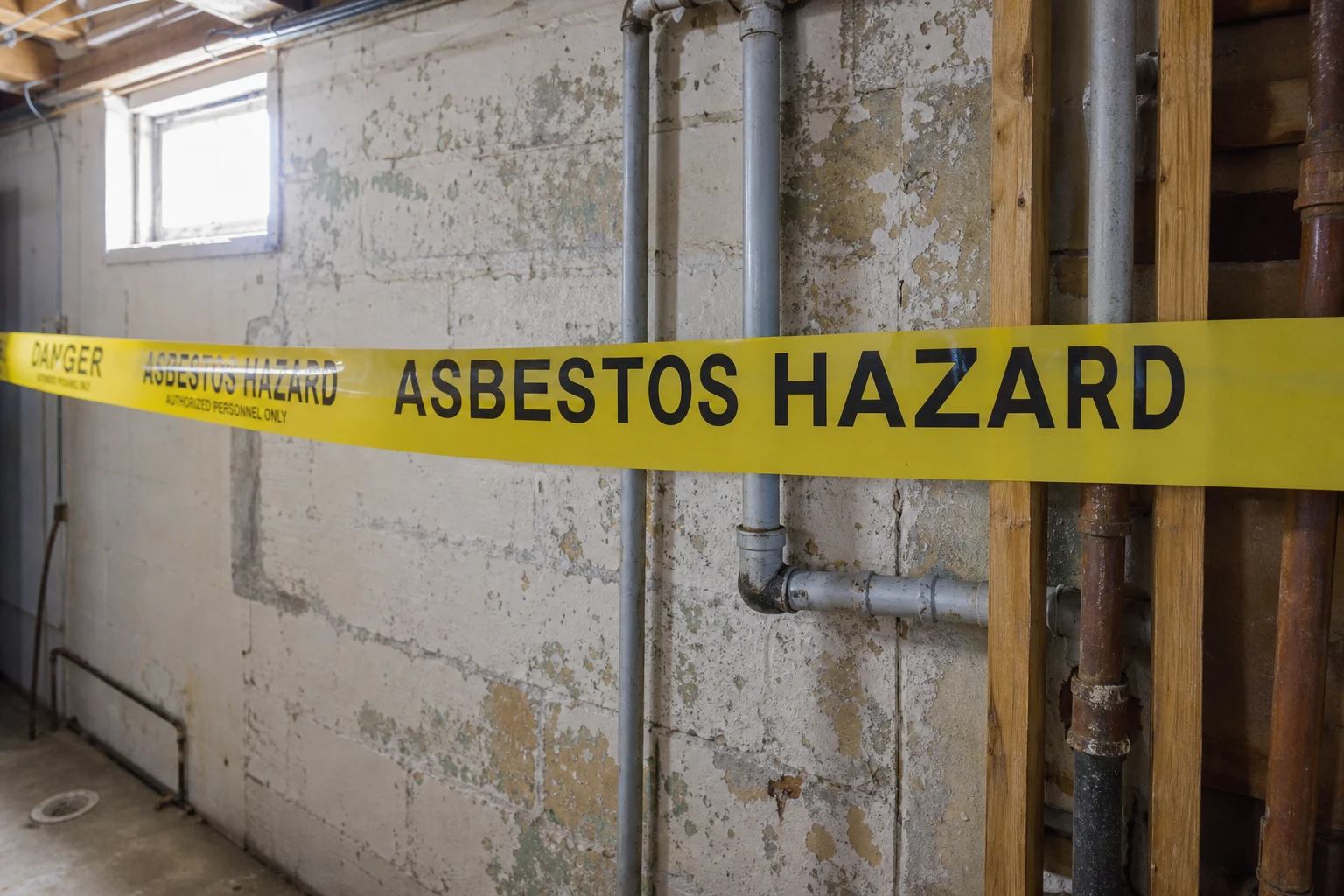 Yellow ASBESTOS HAZARD warning tape stretched across an unfinished basement wall in a Fort Wayne home with faded paint and exposed pipes — the kind of exposure a Fort Wayne asbestos and environmental injury attorney litigates