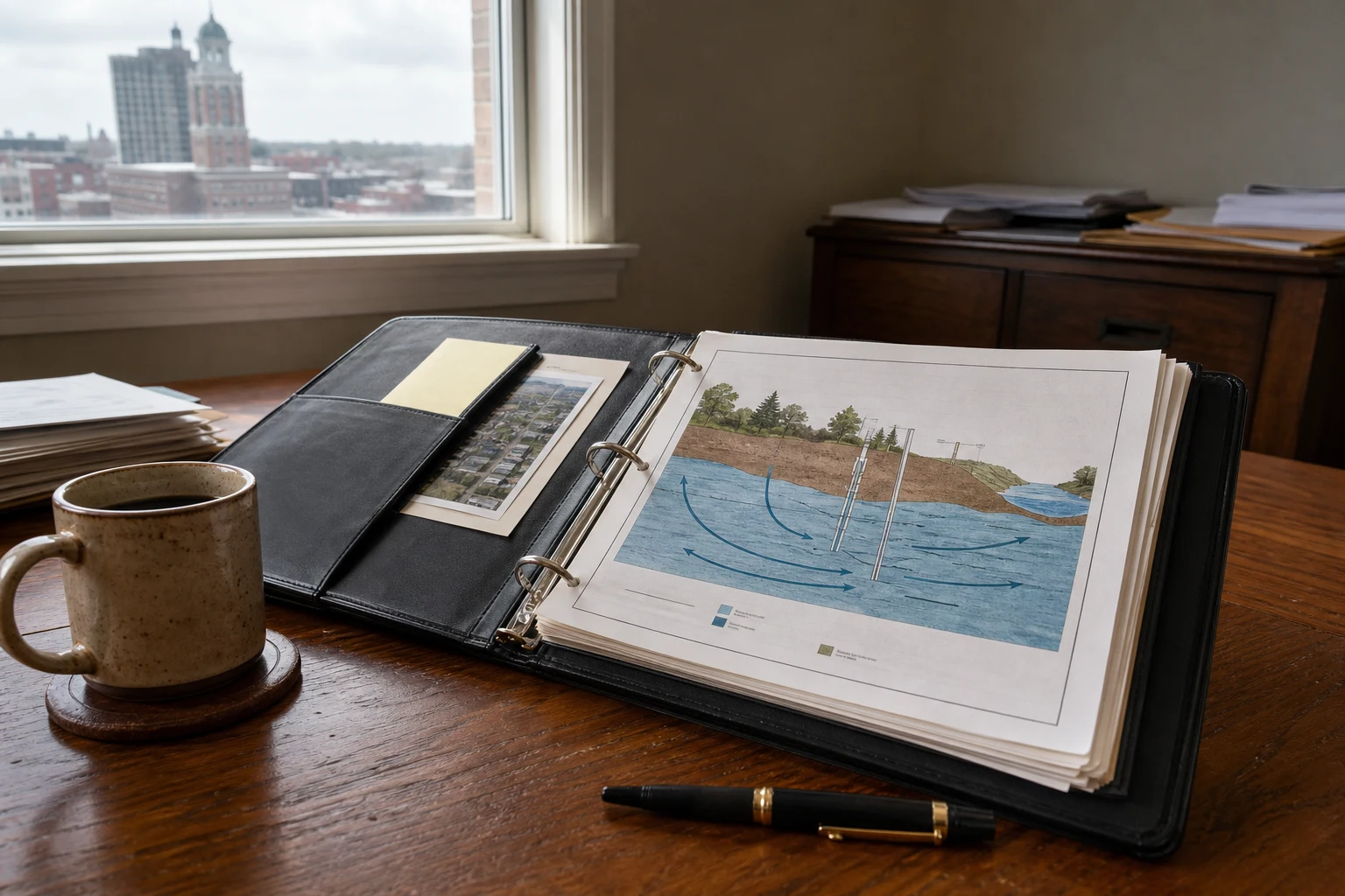 At a Fort Wayne environmental injury attorney's wooden desk — an open case-file portfolio with a printed groundwater-flow diagram, a coffee mug, a fountain pen, late-afternoon window light
