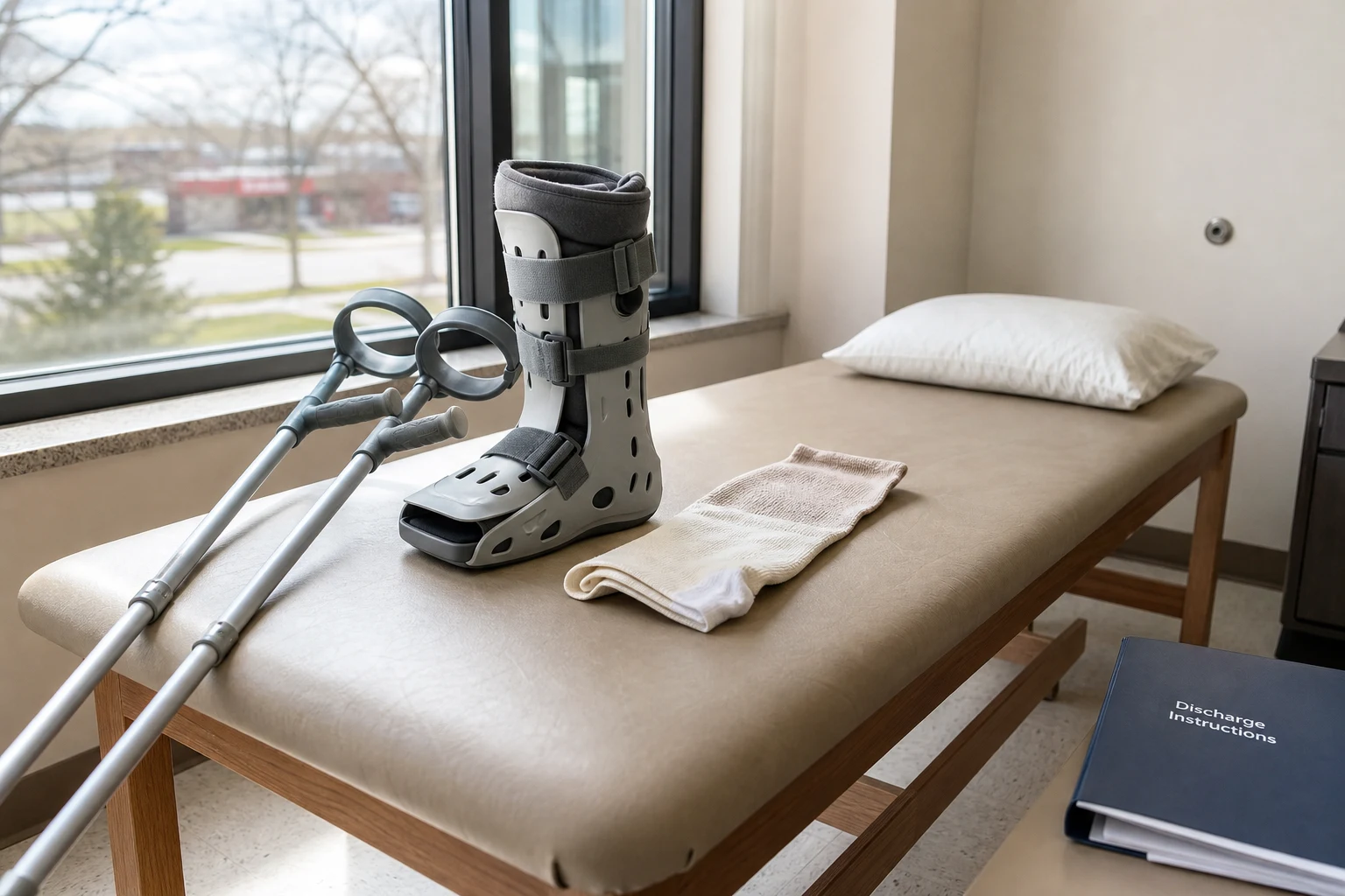 Fort Wayne foot injury scene — boot and crutches