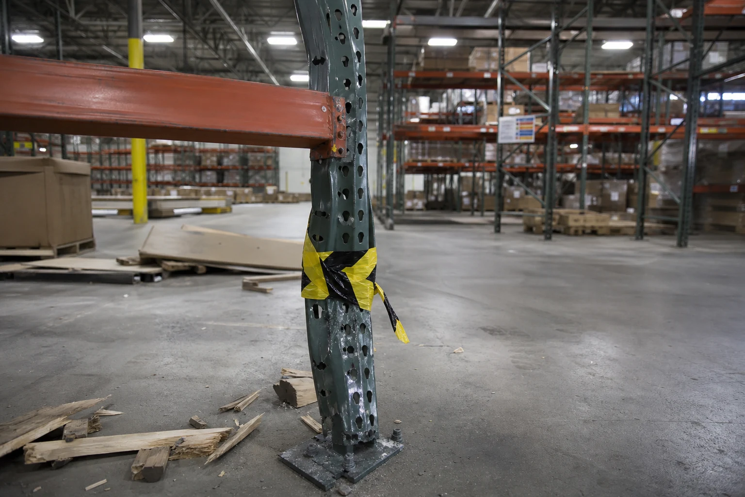 Fort Wayne forklift accident scene — pallet rack damage