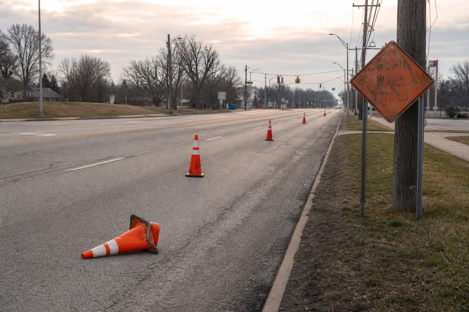 Fort Wayne hazardous roadway claim scene — construction zone cones