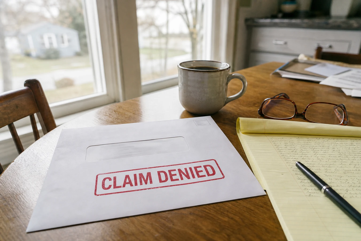 Claim-denial insurance letter on a Fort Wayne kitchen table next to a coffee mug, reading glasses, a yellow legal pad, and a pen — the moment a Fort Wayne insurance law dispute attorney typically gets the call