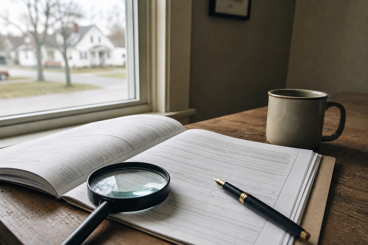 Insurance policy declaration page on a wooden table with a magnifying glass, a fountain pen, and a coffee mug — the policy a Fort Wayne insurance bad-faith attorney reads cover-to-cover before responding to a denial