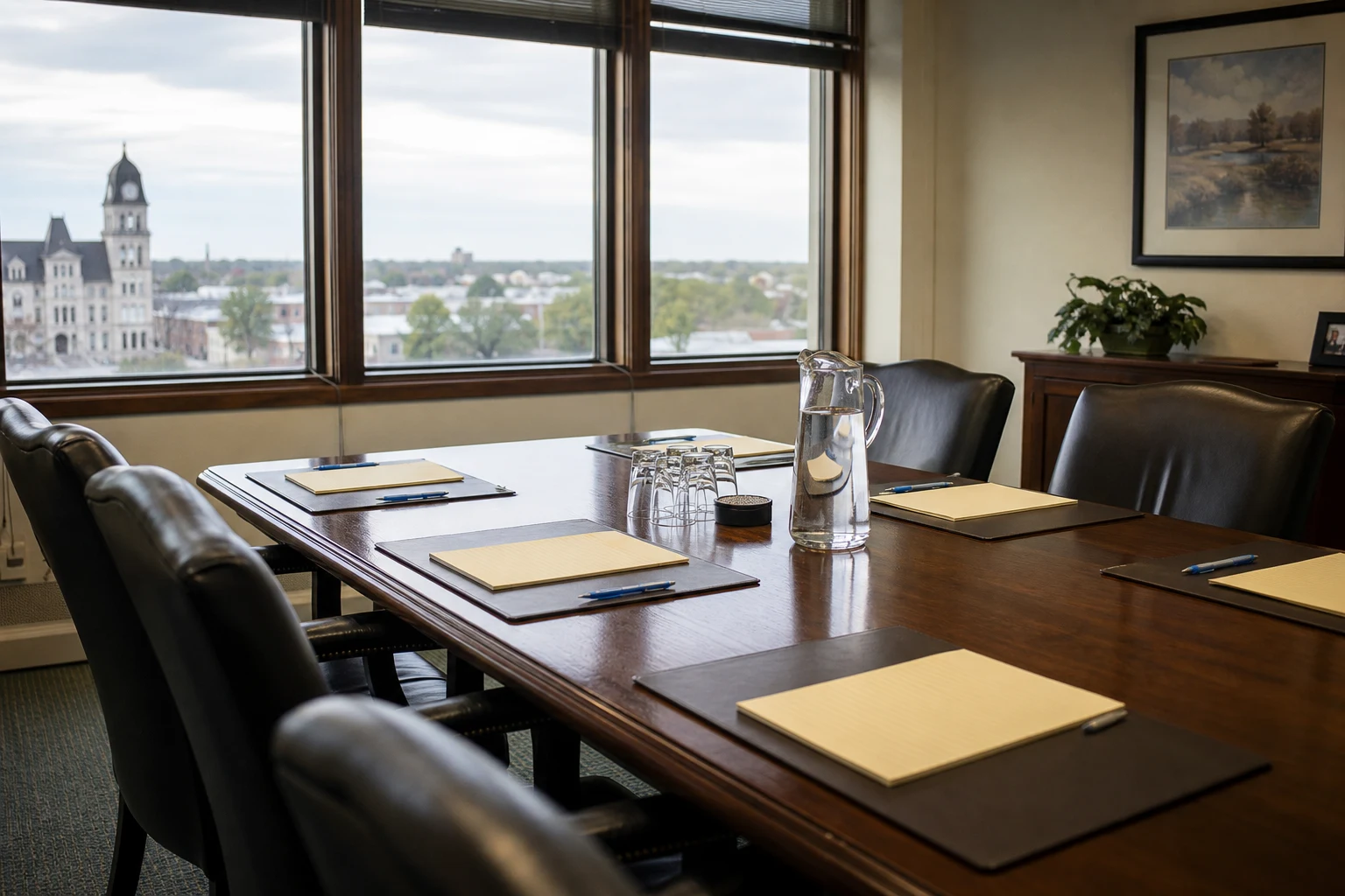 Empty Fort Wayne law-firm mediation conference room with a long oak table, leather chairs, a glass pitcher of water, and stacked glasses — where most Allen County insurance disputes are negotiated before trial