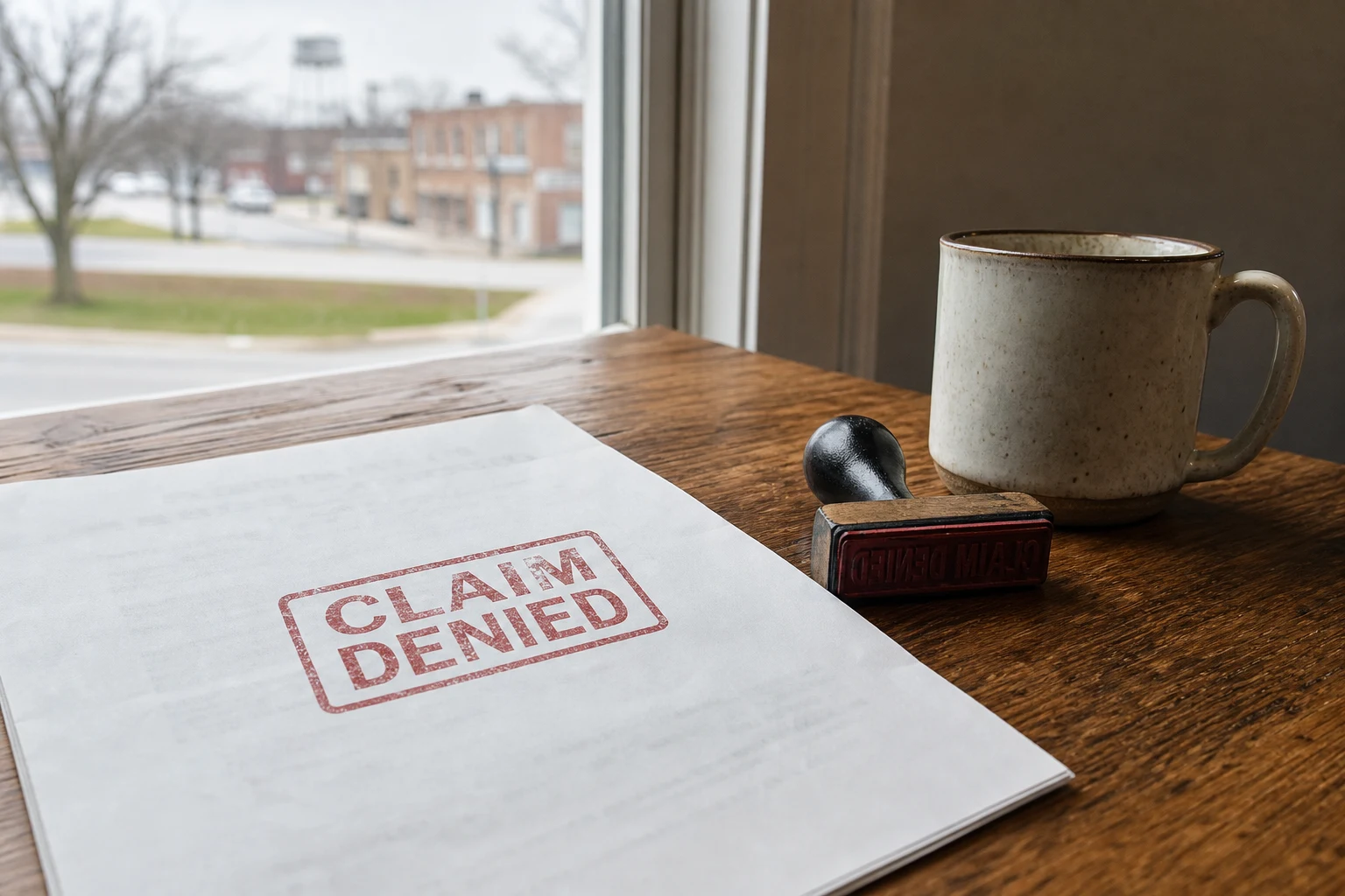 Document on a wooden desk with a red CLAIM DENIED rubber stamp impression and the stamp beside it — the kind of denial a Fort Wayne insurance law dispute attorney challenges under Indiana bad-faith standards