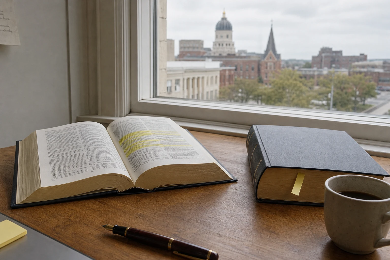 Two open Indiana case-law volumes on a wooden desk with a yellow-highlighted passage, a sticky-note flag, a fountain pen, and a coffee mug — the bad-faith precedents an Indiana insurance dispute lawyer cites