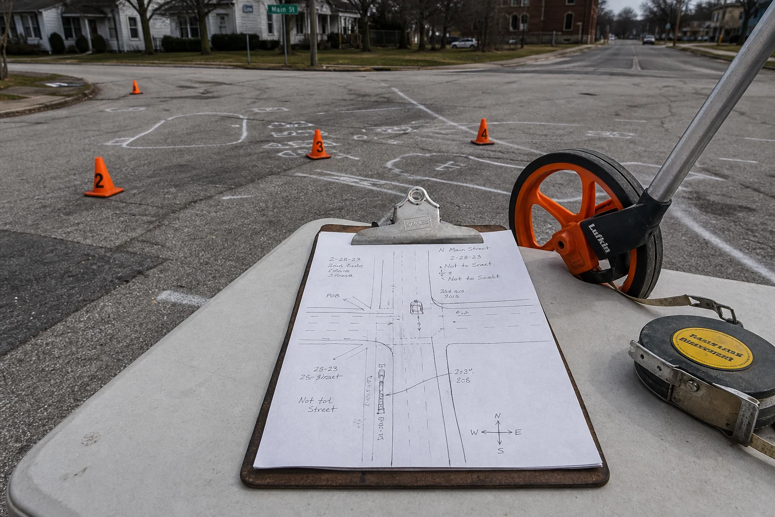 Fort Wayne intersection crash scene — scene diagram board
