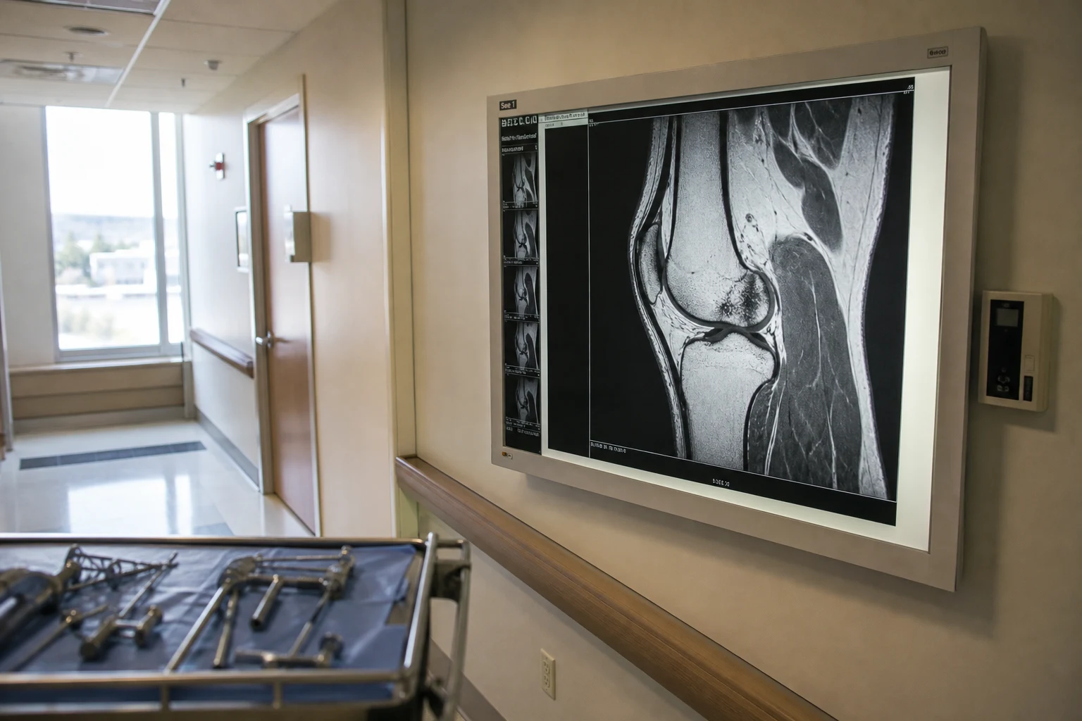 Fort Wayne knee MRI displayed on a hospital wall-mounted illuminator showing joint and soft-tissue anatomy