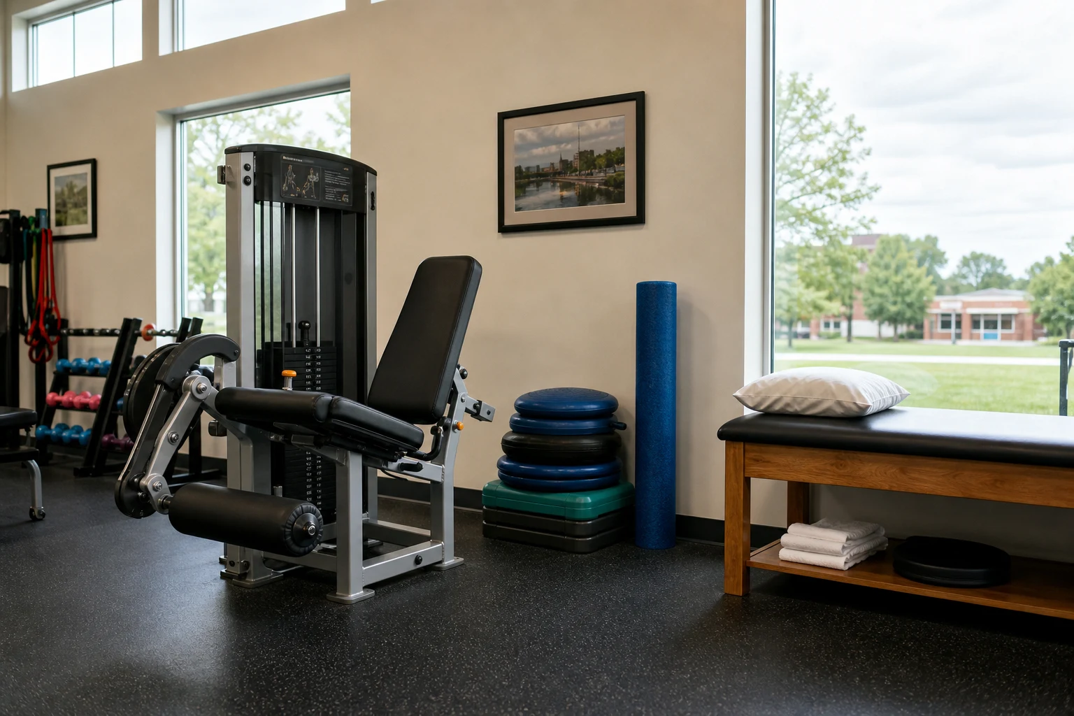 Fort Wayne physical therapy gym with knee rehabilitation equipment, treatment table, and balance pads