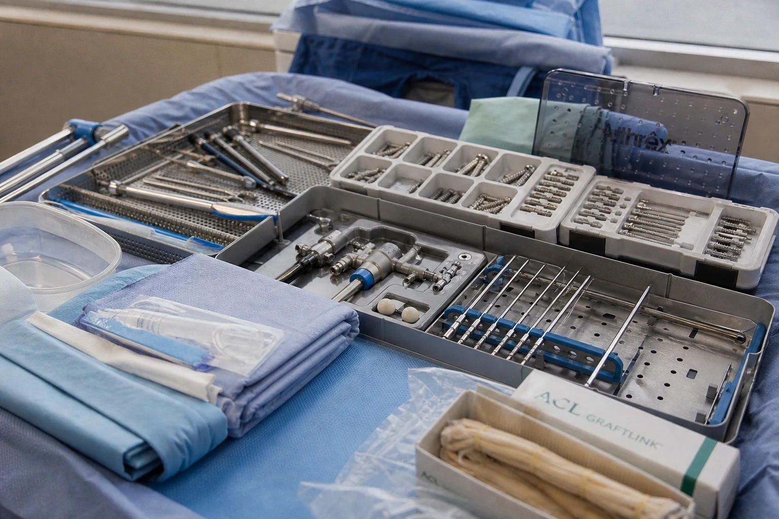 Orthopedic surgical tray prepared for knee arthroscopy with ACL graft kit and stainless instruments