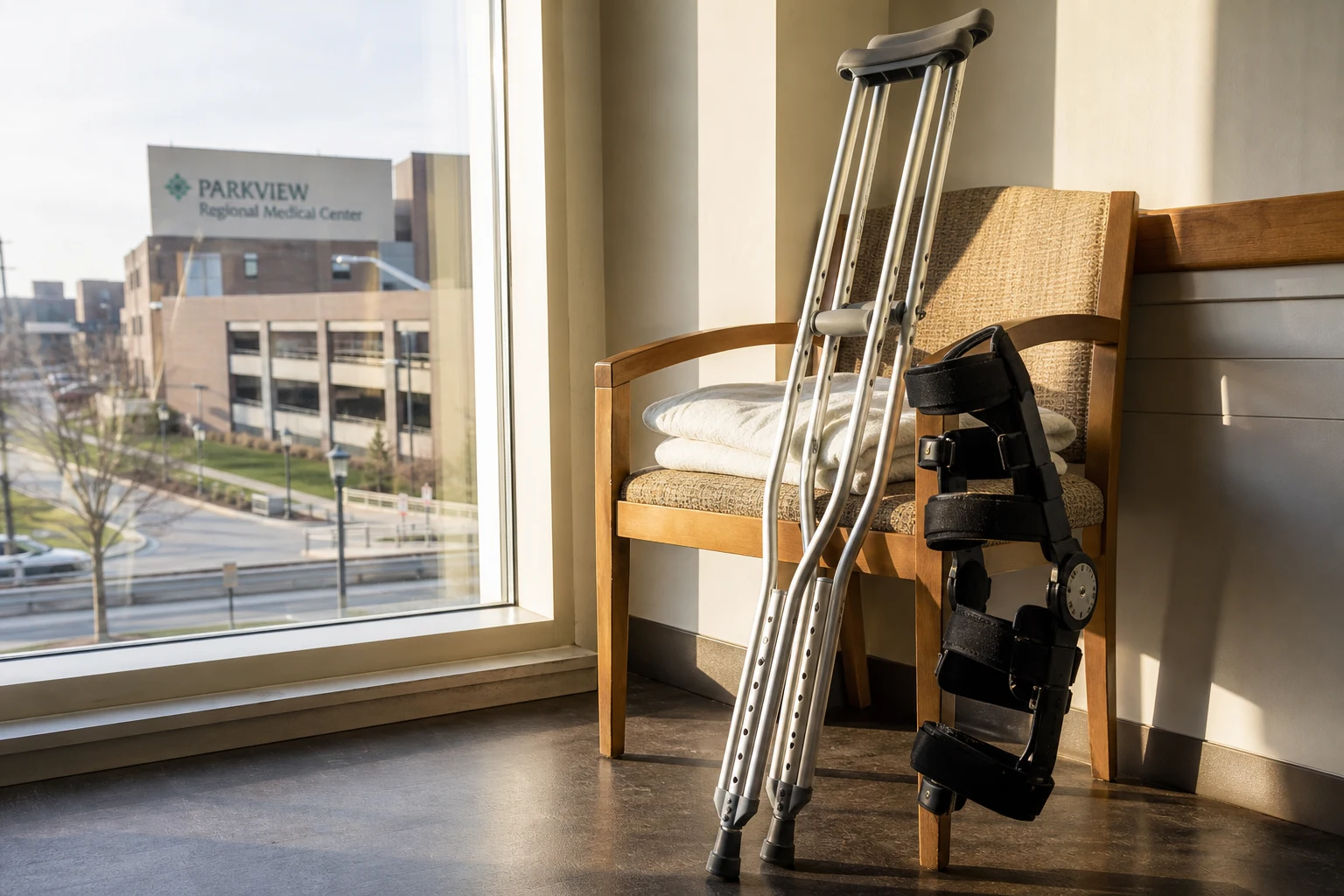 Hinged knee brace and forearm crutches resting against a chair near a hospital window after knee surgery