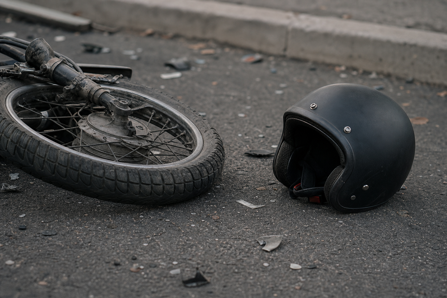 Damaged moped wheel and helmet after a Fort Wayne moped crash investigation.