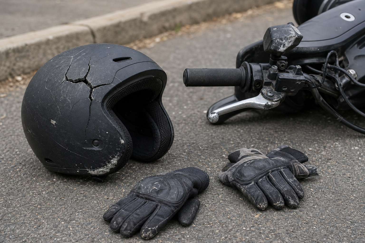 Cracked moped helmet and scuffed riding gloves after an Indiana moped accident.