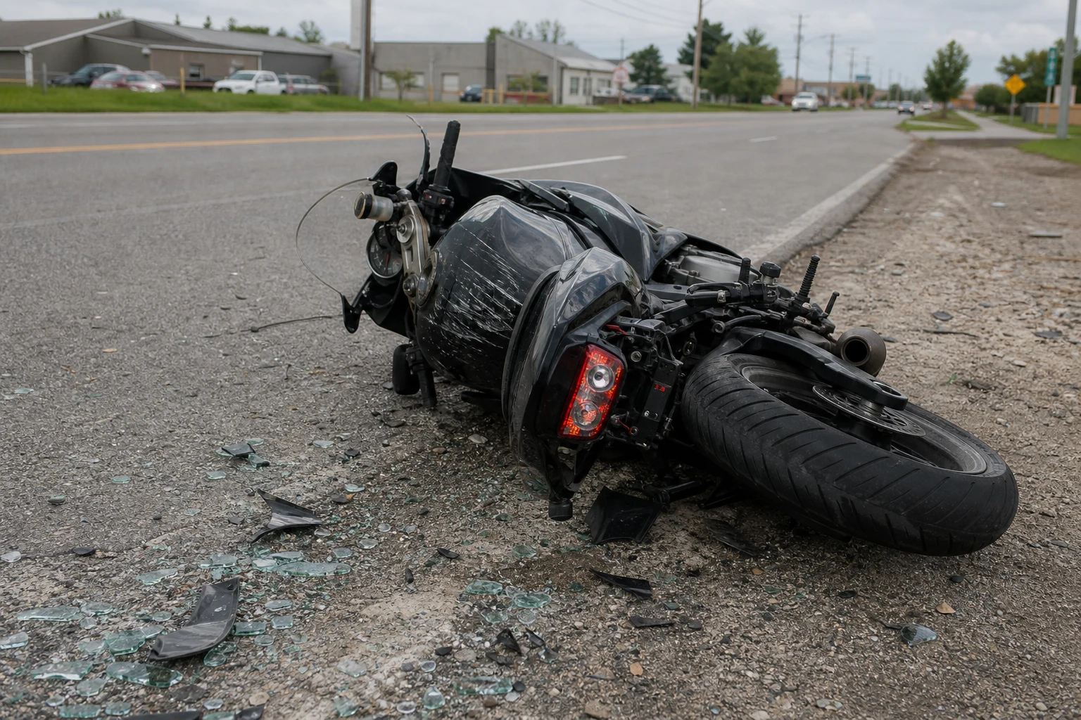 Damaged sportbike motorcycle on its side on a Fort Wayne road shoulder at twilight — scratched fairing, bent handlebar, cracked tail-light assembly, broken safety glass on the asphalt — the scene a Fort Wayne motorcycle accident attorney documents in the first 48 hours