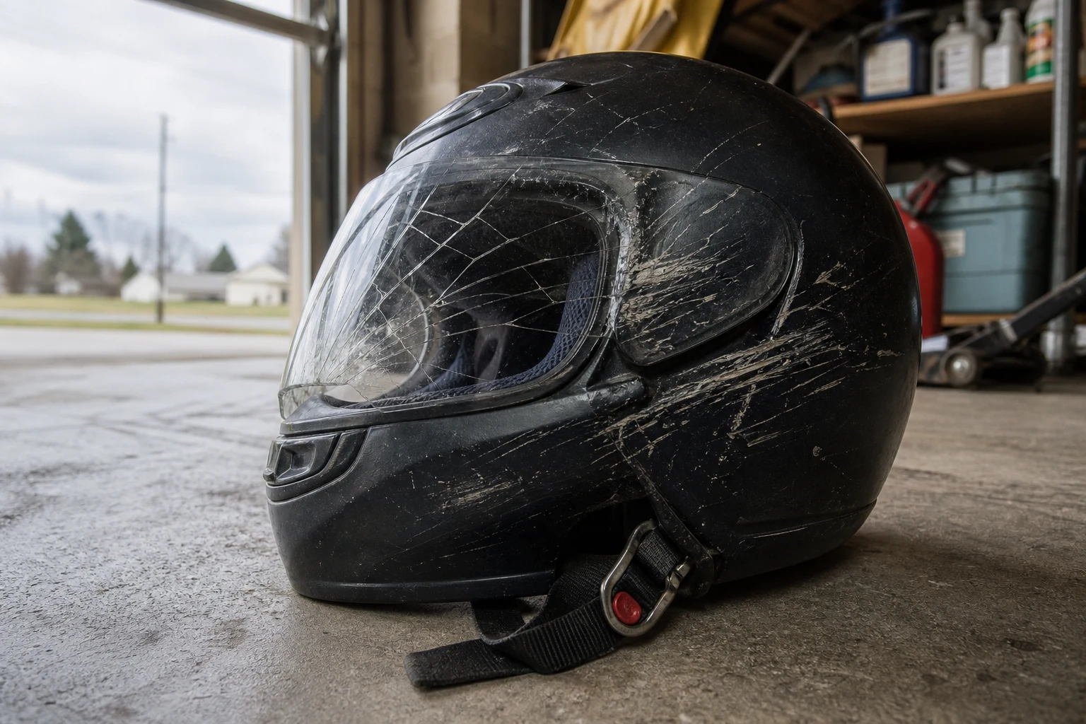 Black full-face motorcycle helmet on a Fort Wayne garage floor after a crash, side scuffed and scratched, visor cracked, chinstrap still buckled — physical evidence that a Fort Wayne motorcycle accident lawyer documents