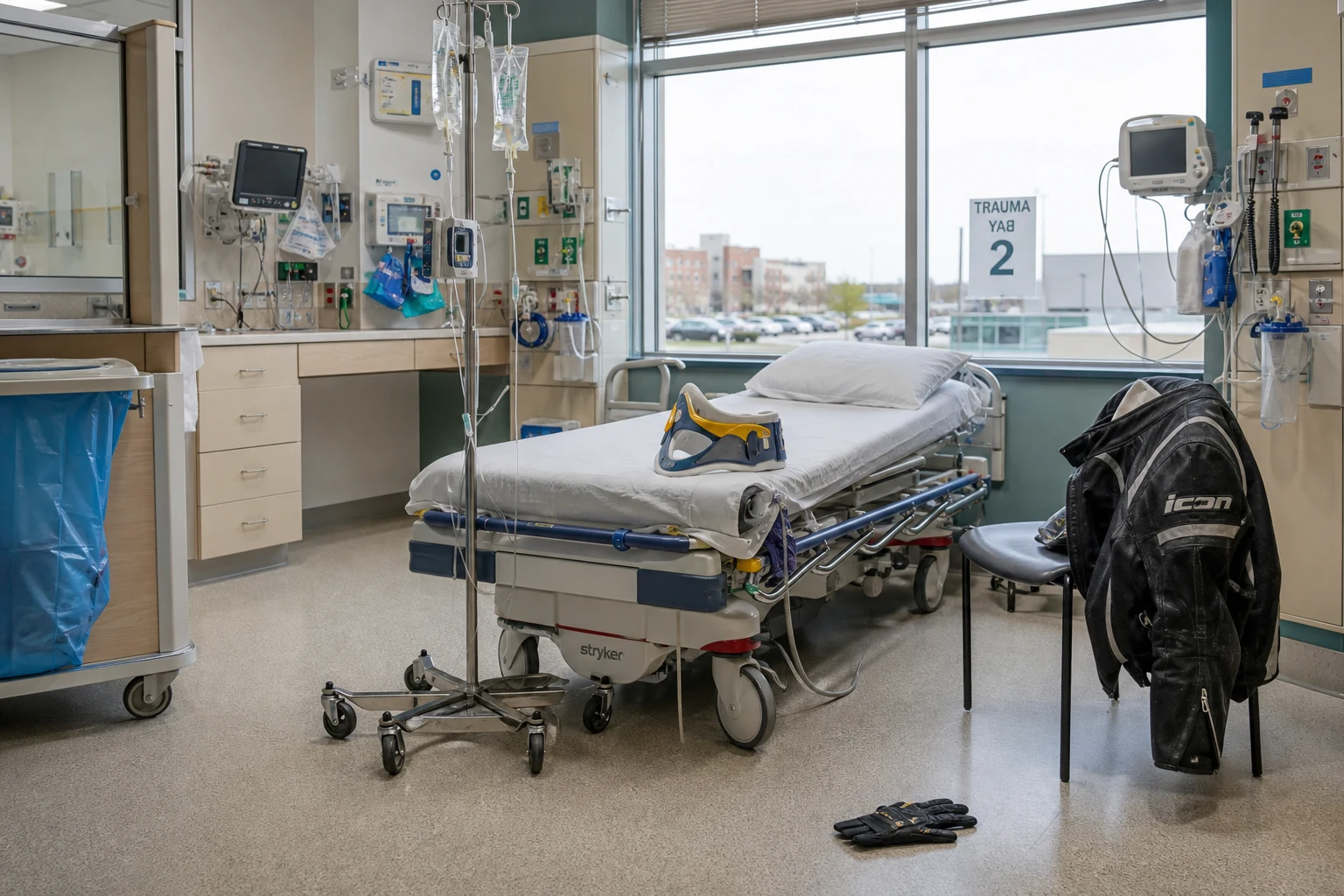 Empty Fort Wayne hospital trauma bay with a wheeled stretcher, IV pole, folded motorcycle jacket draped on a chair, a torn glove on the floor, and a cervical collar — the kind of medical timeline an Indiana motorcycle crash case is built on