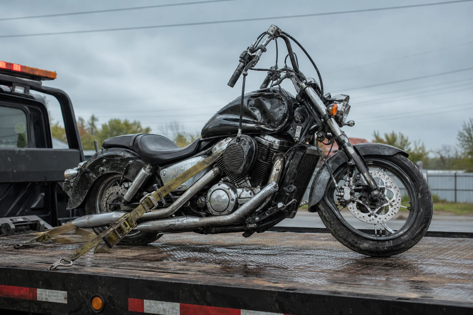 Totaled cruiser motorcycle strapped to a flatbed tow truck under a streetlamp at twilight, side-mirror dangling, fuel-tank dented — chain-of-custody evidence a Fort Wayne motorcycle accident attorney tracks