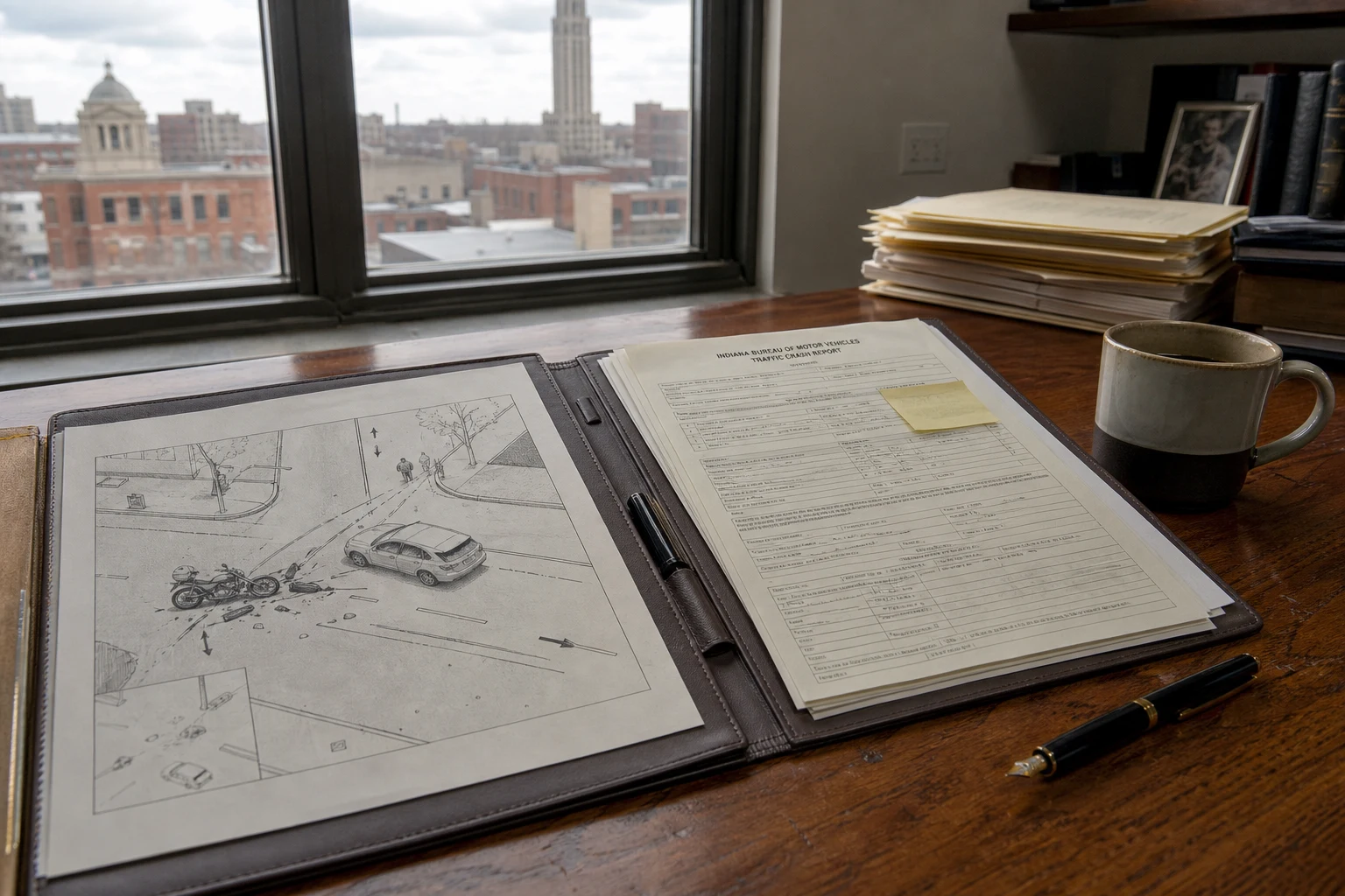 At a Fort Wayne motorcycle accident attorney's wooden desk — an open case-file portfolio with a printed motorcycle-crash scene diagram, an Indiana DMV form, a coffee mug, and a fountain pen