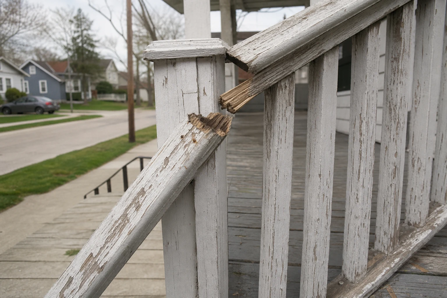 Broken wooden stair handrail on a Fort Wayne residential porch, rail snapped clean at a baluster joint, paint chipped, exposed nail heads — the physical negligence a Fort Wayne negligence attorney documents in premises-liability cases