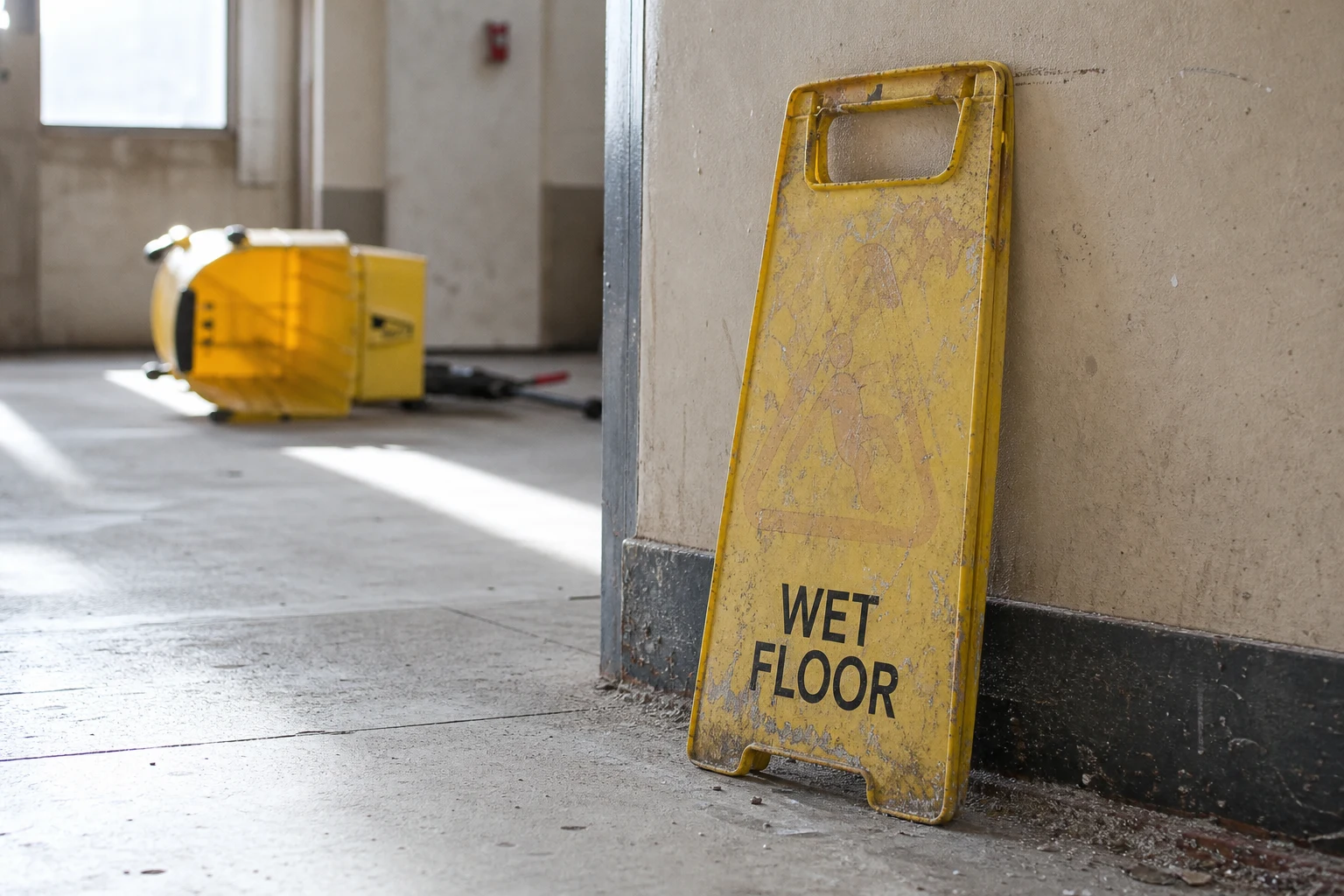 Sun-faded yellow WET FLOOR warning sign leaning against a wall with chipped paint and a mop bucket overturned in soft focus — the inadequate-warning evidence a Fort Wayne negligence lawyer documents