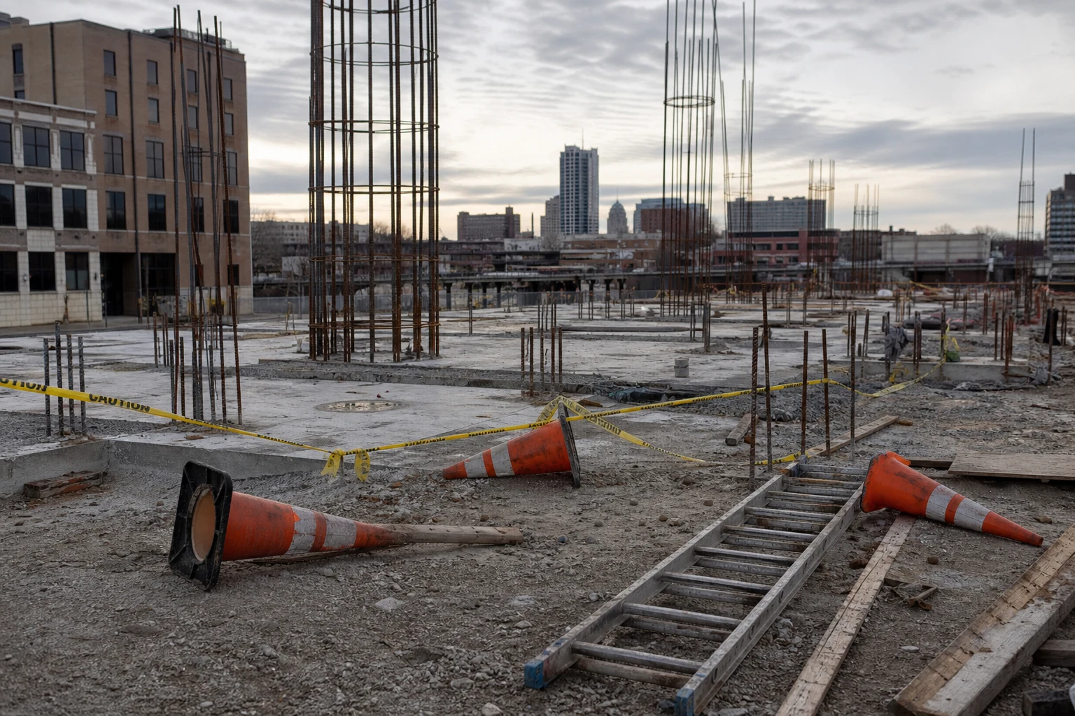 Empty Fort Wayne construction site at dusk with knocked-over OSHA orange safety cones, sagging caution tape, exposed rebar, and a ladder on its side — the OSHA negligence behind many Allen County injury claims