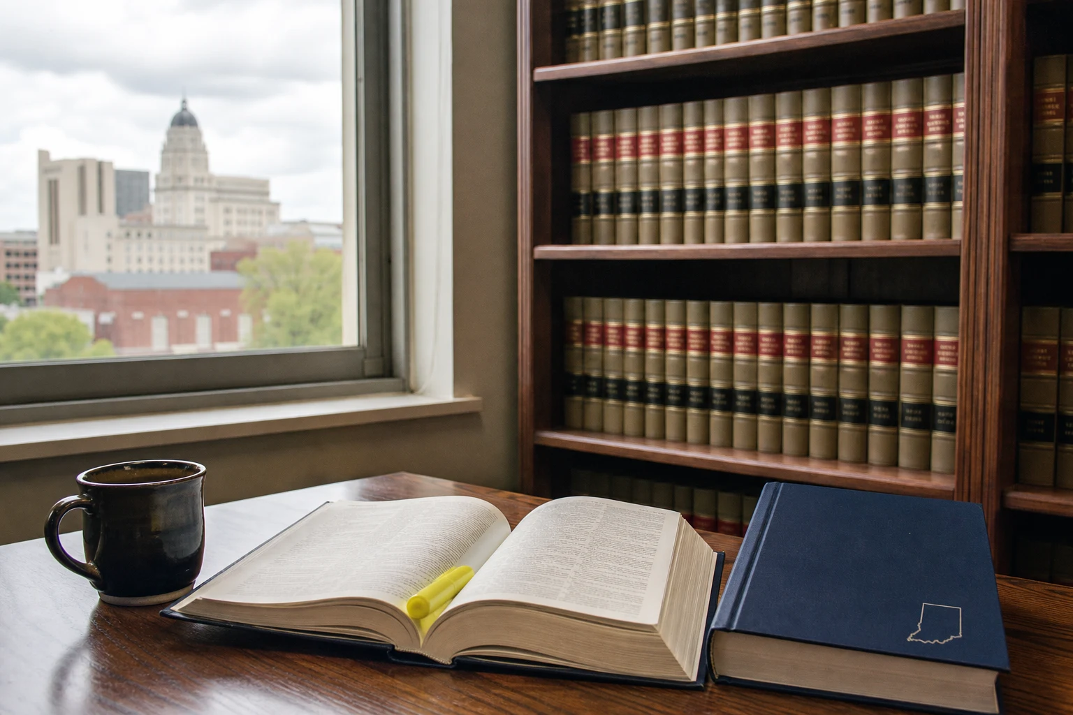 Fort Wayne law-firm shelf of bound Indiana case-law volumes with one open on a wooden table, a yellow highlighter across the page, a coffee mug, an Indiana state-bar reference book — the legal research behind every Indiana negligence case