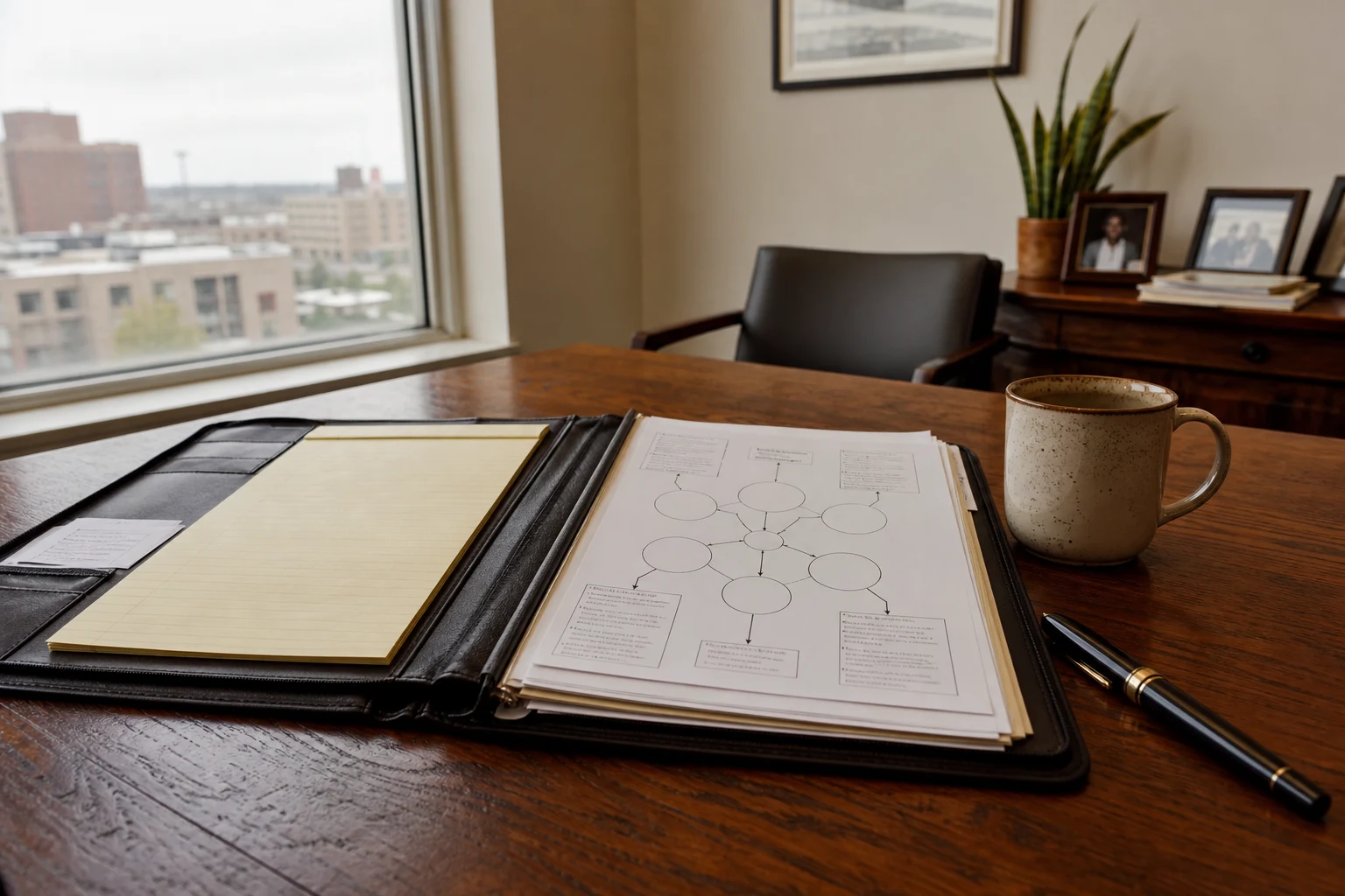 At a Fort Wayne negligence attorney's wooden desk — an open negligence case-file portfolio with a printed liability-analysis diagram, a coffee mug, a fountain pen, late-afternoon window light