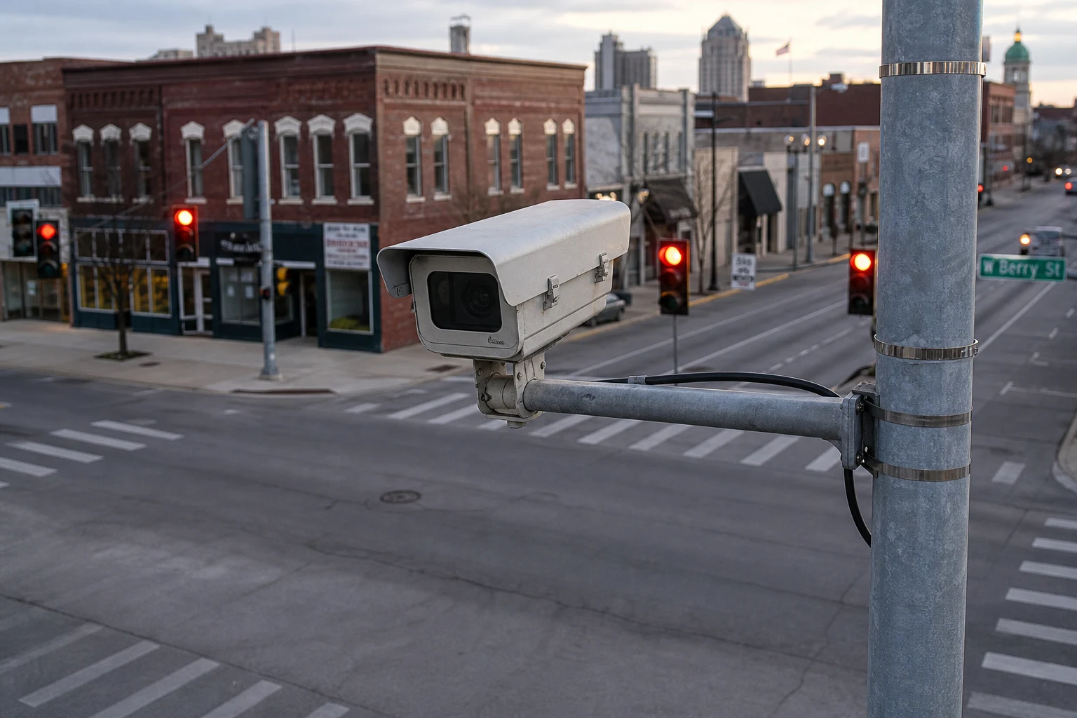 City-mounted traffic camera at a Fort Wayne intersection at twilight, signal lights glowing red, brick storefronts in soft focus — surveillance footage an Indiana pedestrian crash lawyer subpoenas within 30 days