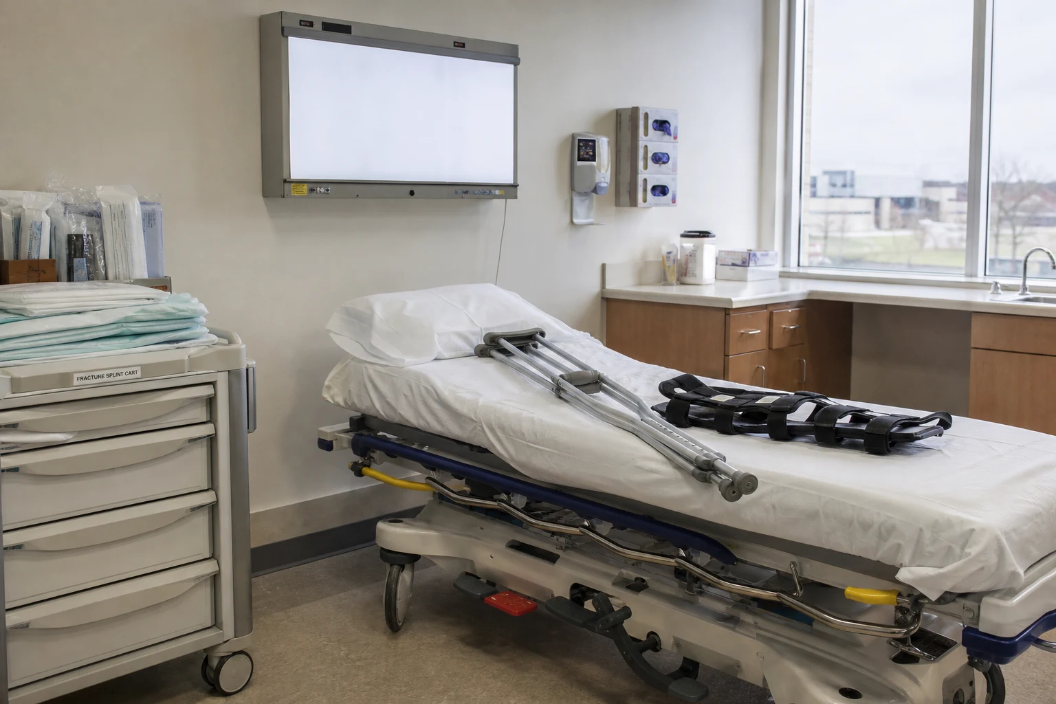 Empty Fort Wayne hospital orthopedic exam room with a wheeled stretcher, folded crutch and knee immobilizer on the bed, X-ray viewer on the wall — the kind of medical record a Fort Wayne pedestrian accident lawyer builds the case on