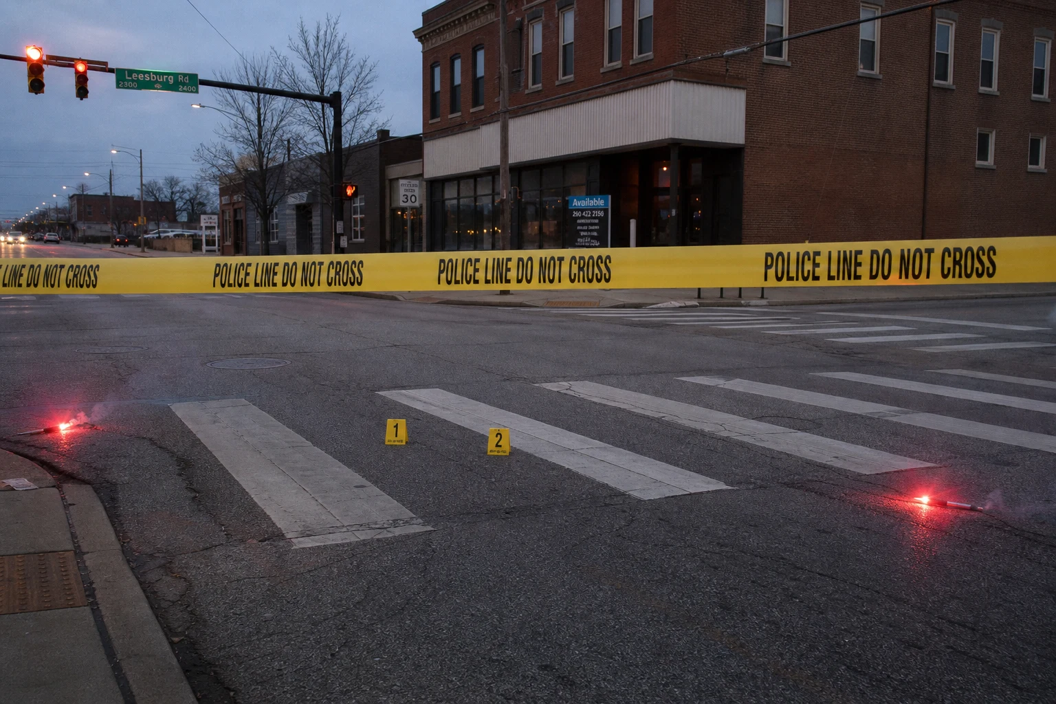 Yellow POLICE LINE DO NOT CROSS tape stretched across a Fort Wayne crosswalk at dusk with two numbered evidence markers on the asphalt and red flares burning — the scene a Fort Wayne pedestrian crash attorney walks while everything is still in place