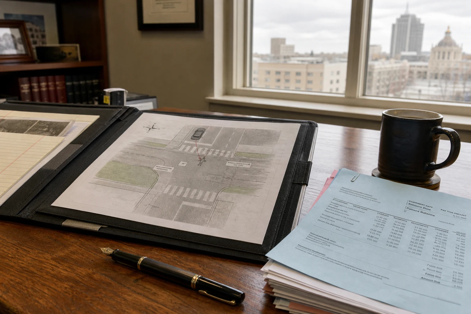 At a Fort Wayne pedestrian accident attorney's wooden desk — an open case-file portfolio with a printed pedestrian-crash scene diagram, a stapled stack of hospital bills, a coffee mug, a fountain pen