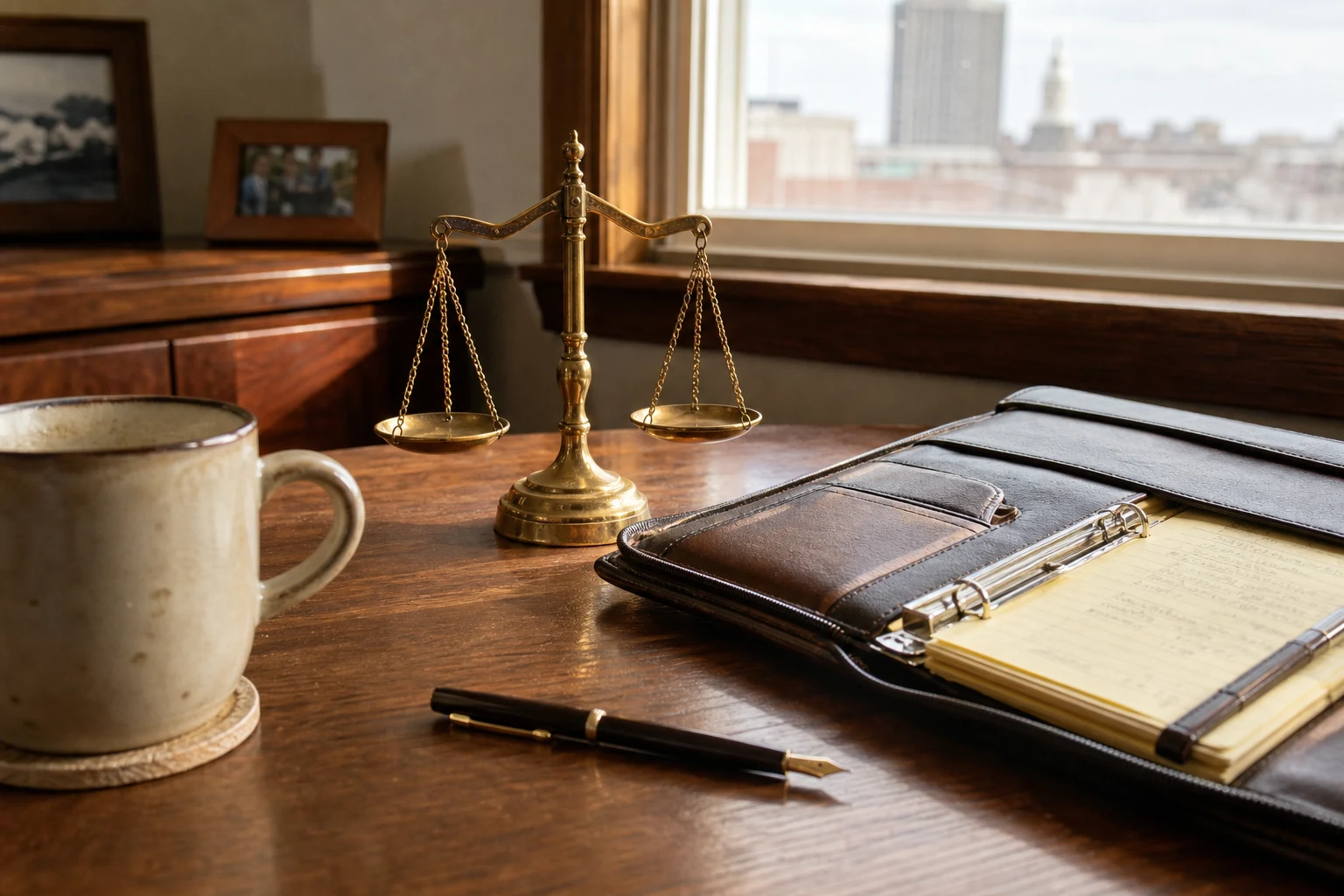 Brass scales-of-justice statue on a Fort Wayne personal injury attorney's wooden desk in late-afternoon golden hour, an open leather case-file portfolio beside it, a fountain pen, a coffee mug — the bedrock of Allen County personal injury practice