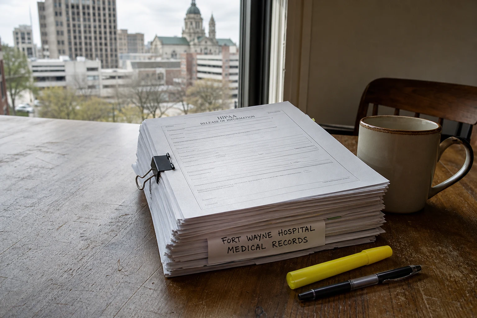 Thick stack of Fort Wayne hospital medical records bound with a binder clip, a labeled HIPAA release form on top, a yellow highlighter, and a coffee mug on a wooden table — the documentary backbone of every Indiana personal injury claim
