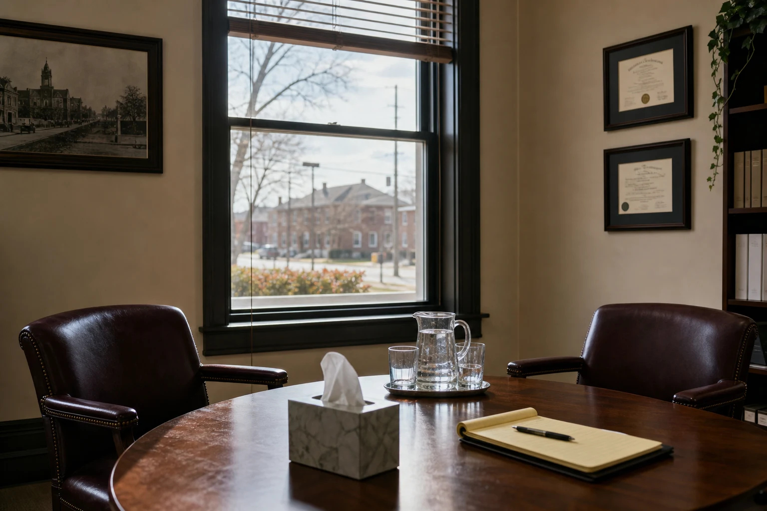 Empty Fort Wayne law-firm consultation room with two leather chairs facing a wooden table, a box of tissues, a glass pitcher of water with two glasses, and a small pad of legal paper — where the first conversation in every Allen County personal injury case happens