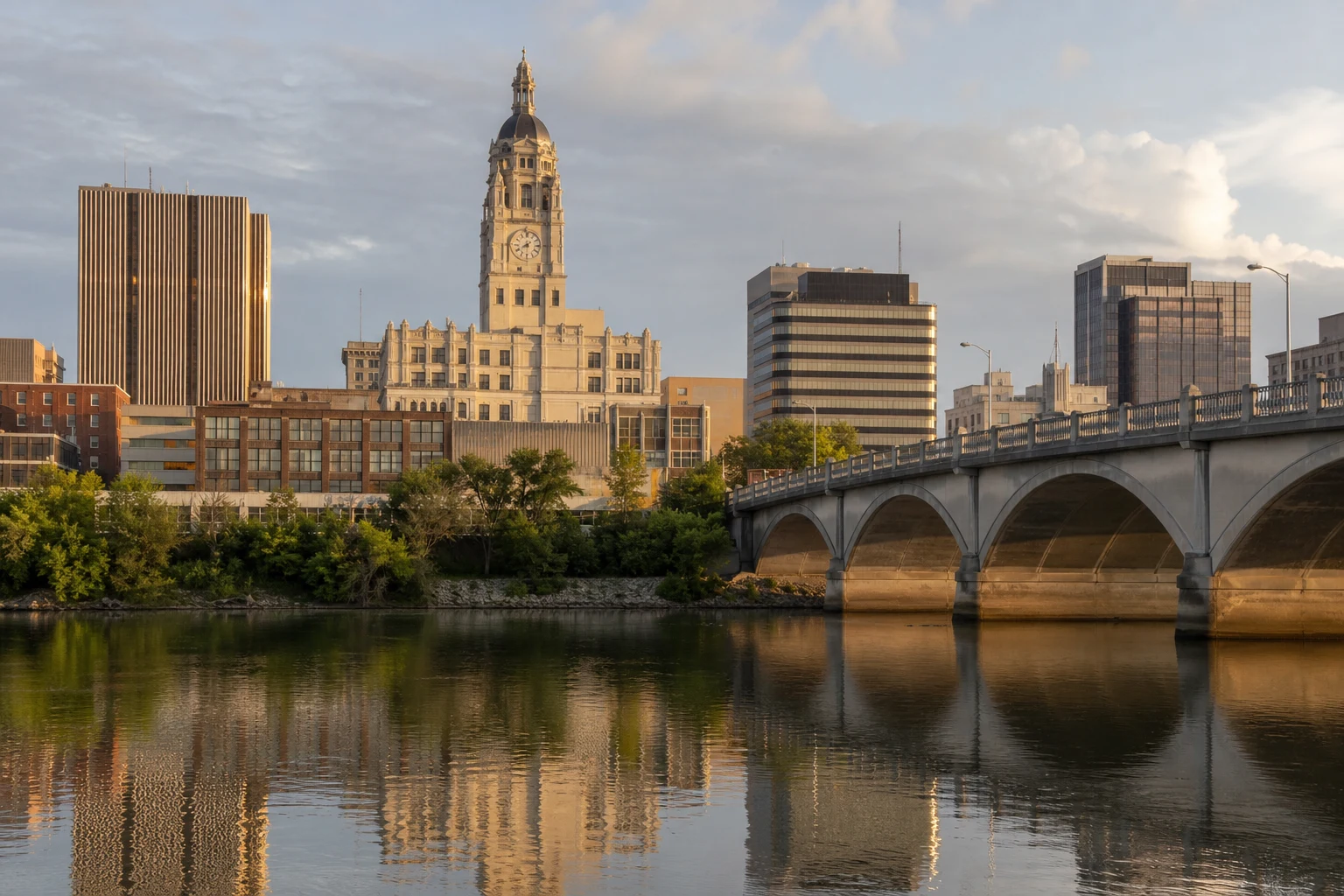 Downtown Fort Wayne, Indiana skyline from across the St. Marys River at golden hour with the Allen County Courthouse clock tower visible — the community a Fort Wayne personal injury lawyer serves