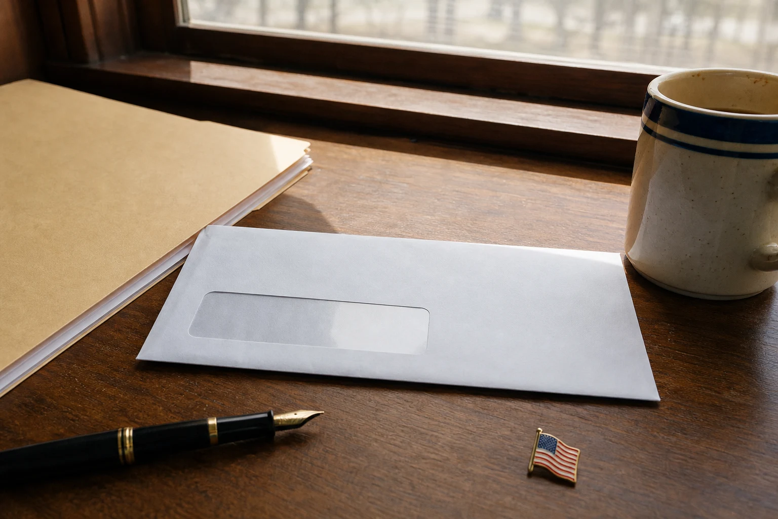 Sealed white legal envelope on a wooden desk next to a manila folder, a fountain pen, a small American flag pin, and a coffee mug — a demand letter going out from a Fort Wayne personal injury attorney's office