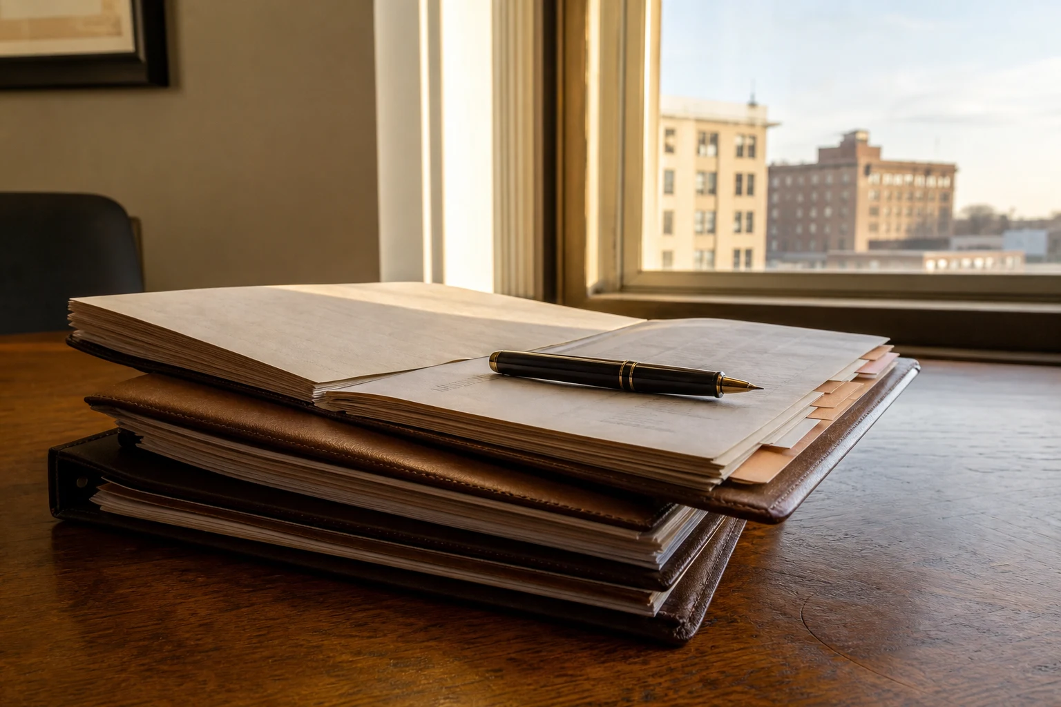Dos portafolios de expedientes apilados sobre el escritorio de madera de un abogado de lesiones personales de Fort Wayne, con el superior abierto mostrando un separador etiquetado, una pluma fuente colocada encima y luz de ventana del atardecer