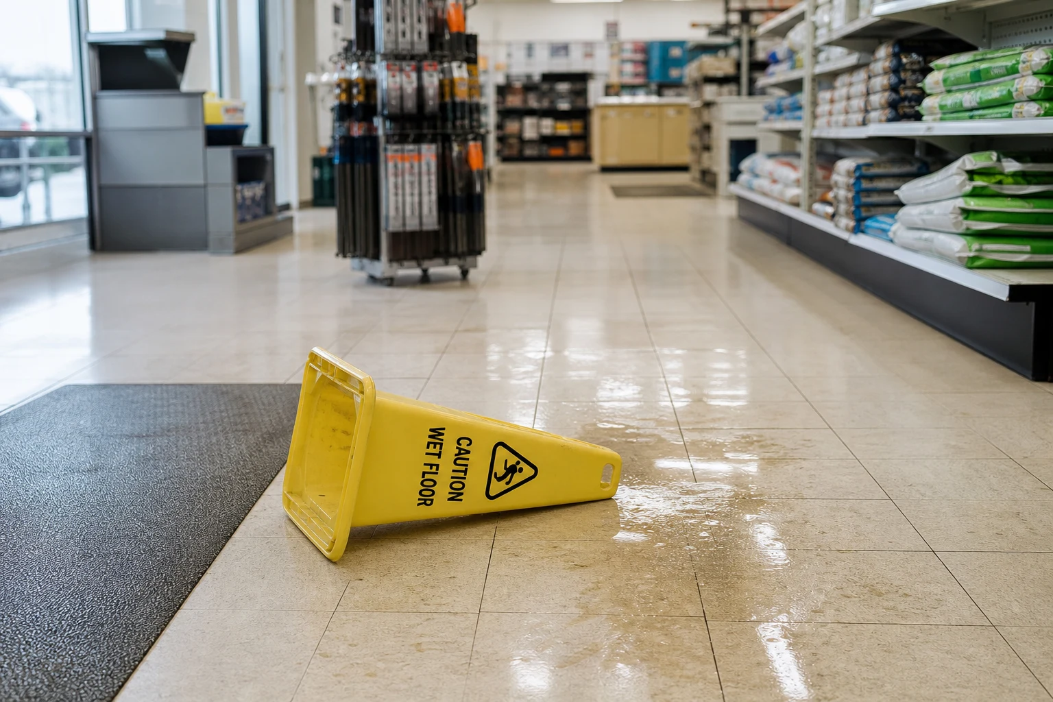 Fort Wayne premises liability scene — wet floor cone