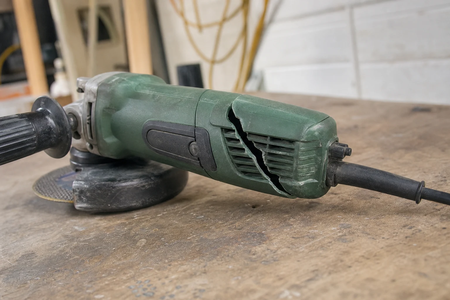 Cracked plastic housing on an angle-grinder power tool on a workbench, the cracked section showing a clean break with the cord still plugged in — the design defect a Fort Wayne product defect attorney documents
