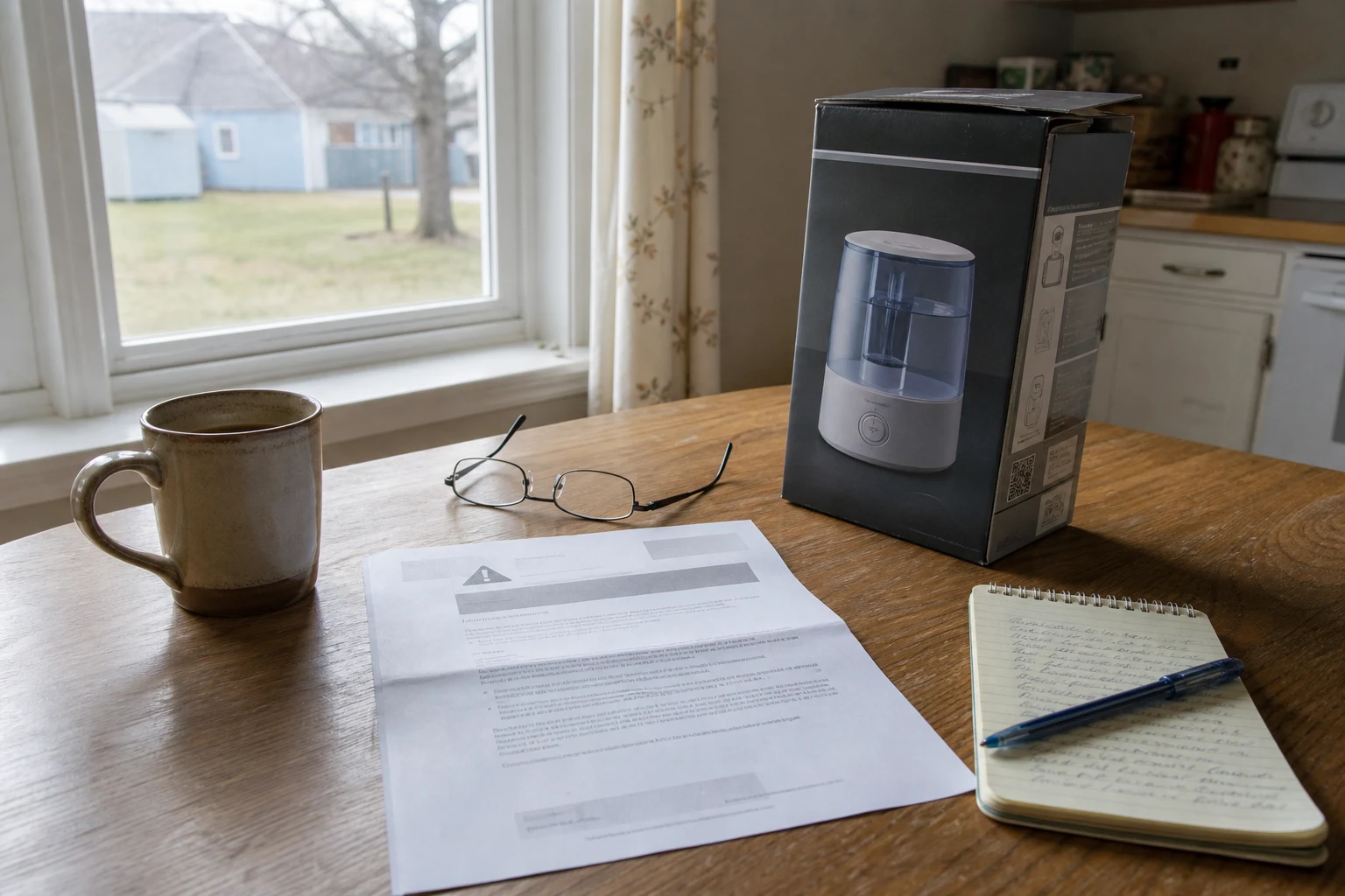 Manufacturer recall letter on a Fort Wayne kitchen counter next to a household product box, a coffee mug, reading glasses, and a notepad — the recall paperwork an Indiana defective product lawyer cross-references with NHTSA and CPSC databases