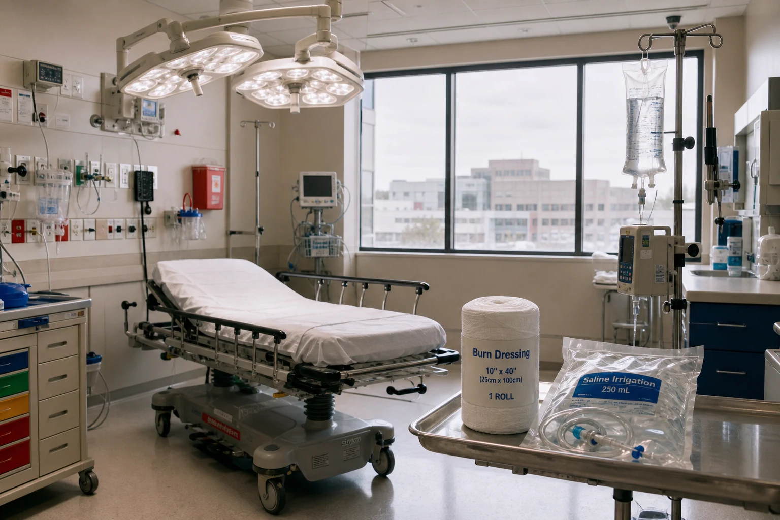 Empty Fort Wayne ER bay set up for burn treatment with a wheeled stretcher, burn dressing, saline-irrigation kit, IV pole — the medical record an Indiana product liability lawyer builds the case on