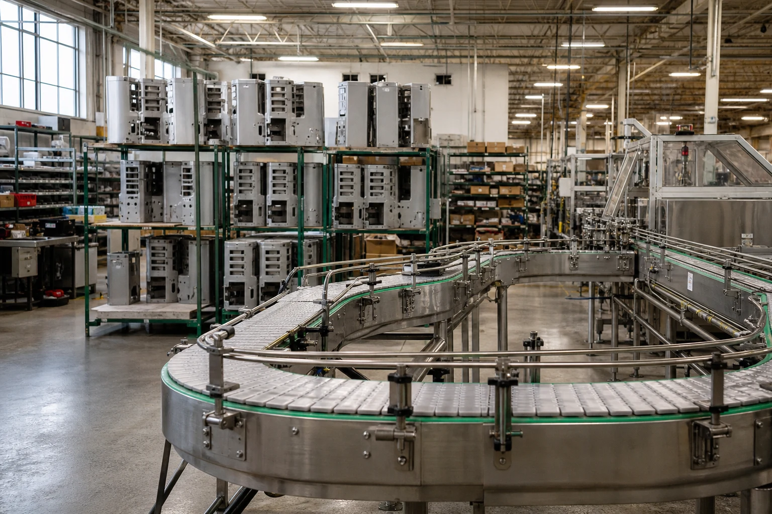 Empty industrial factory assembly line with stainless-steel conveyor belts under fluorescent lights at midday, racks of unfinished product housings in soft focus — where the design and manufacturing decisions behind every Fort Wayne product defect case happen
