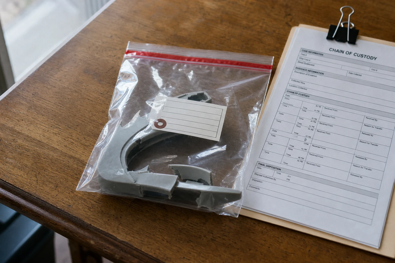 Plastic evidence bag with the broken portion of a household product, a labeled evidence tag, and a chain-of-custody form clipped to a folder on a wooden table — the preservation protocol an Indiana product defect attorney runs