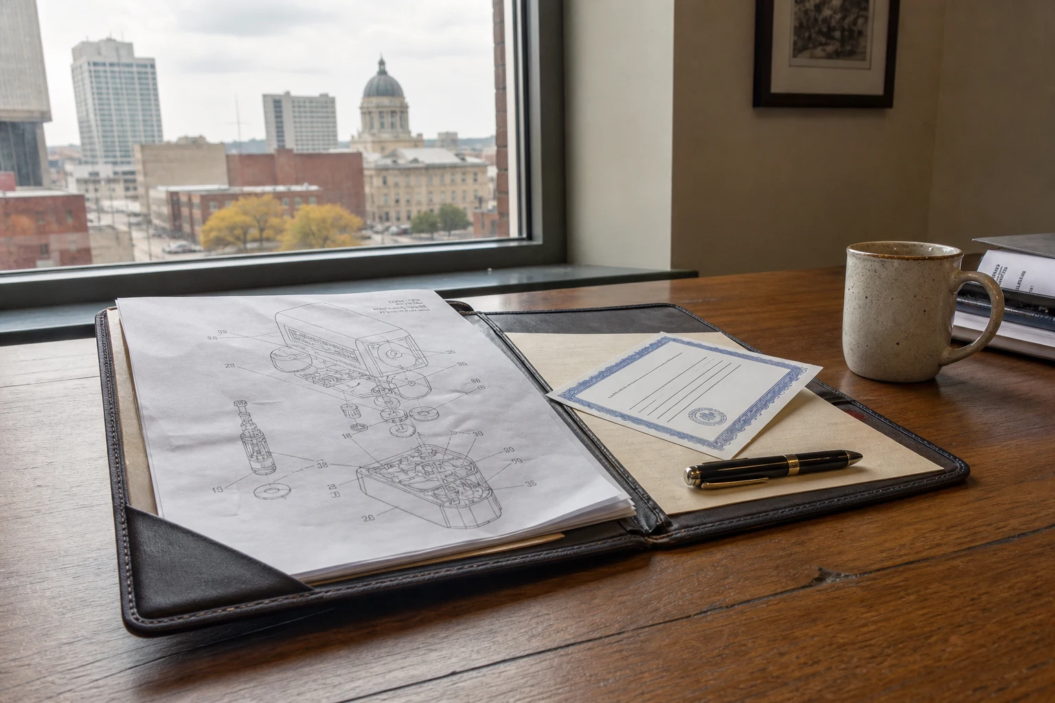 At a Fort Wayne product defect attorney's wooden desk — an open product-liability portfolio with a printed engineering diagram, a manufacturer's warranty card, a fountain pen, a coffee mug