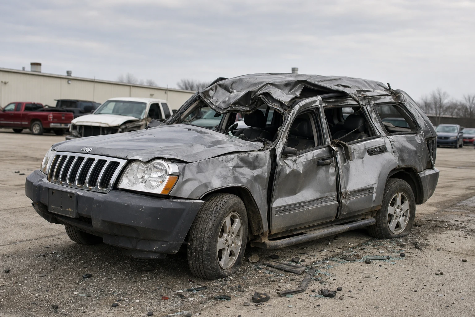 Fort Wayne rollover crash scene — crushed roof suv