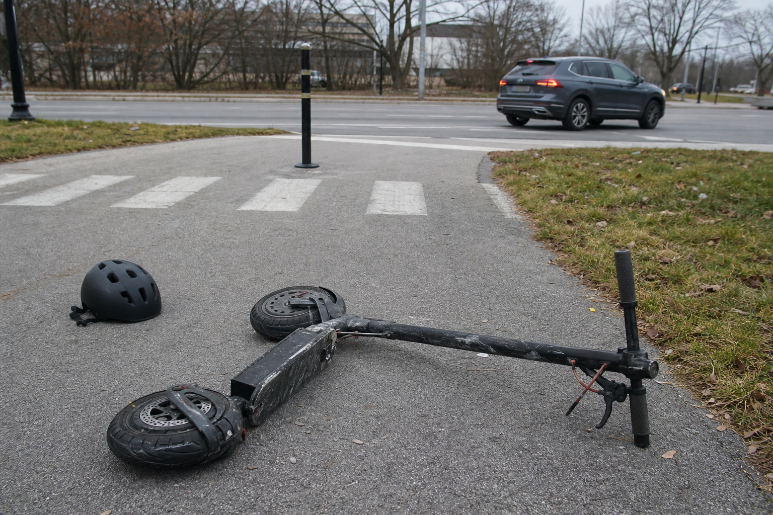 Electric scooter at a Fort Wayne trail crossing after a crash