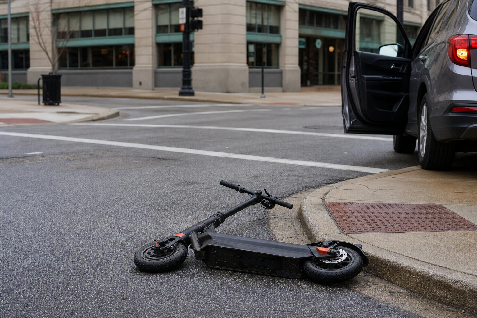 Electric scooter near a curb lane after a Fort Wayne turning crash