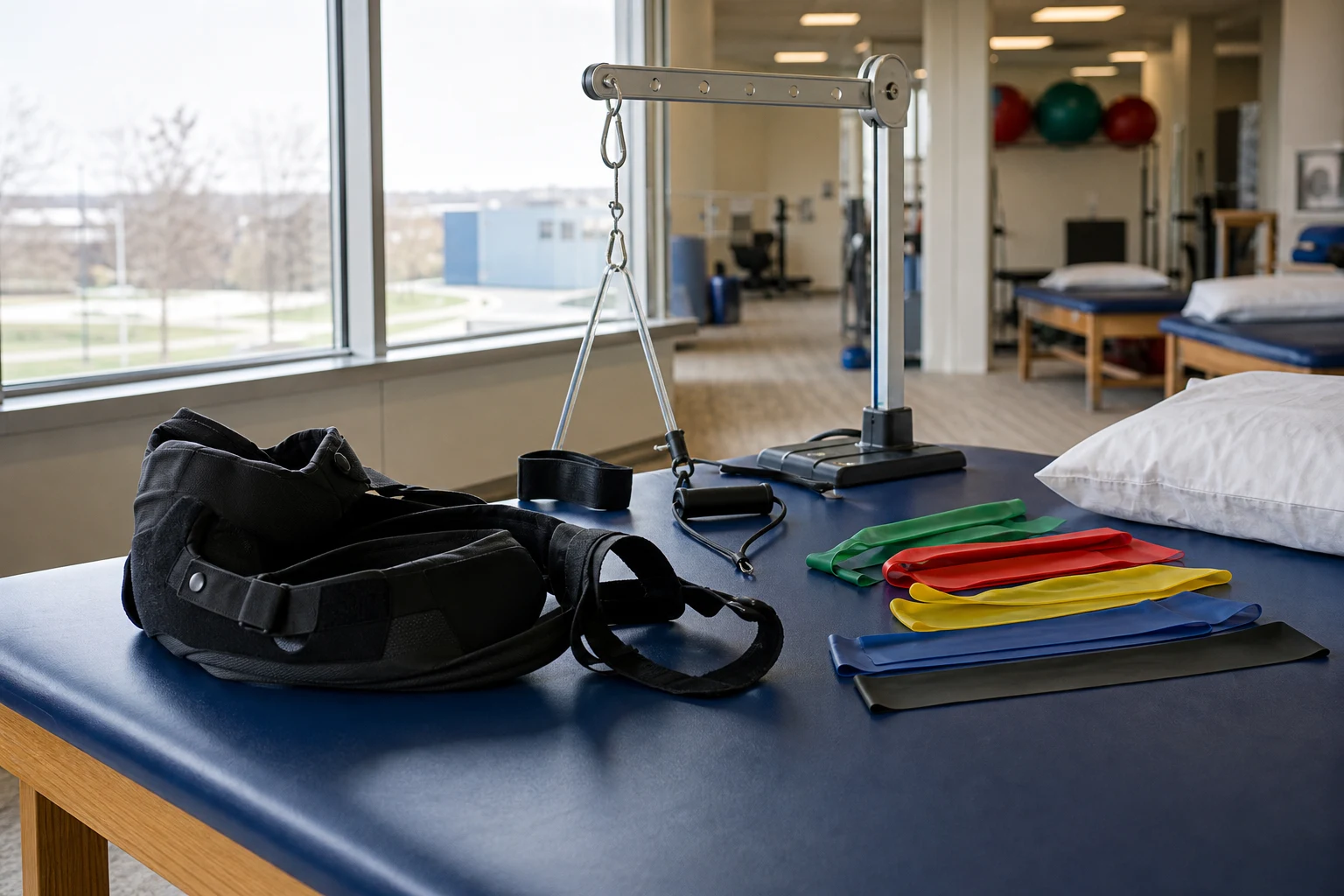 Fort Wayne shoulder injury scene — sling and pt room