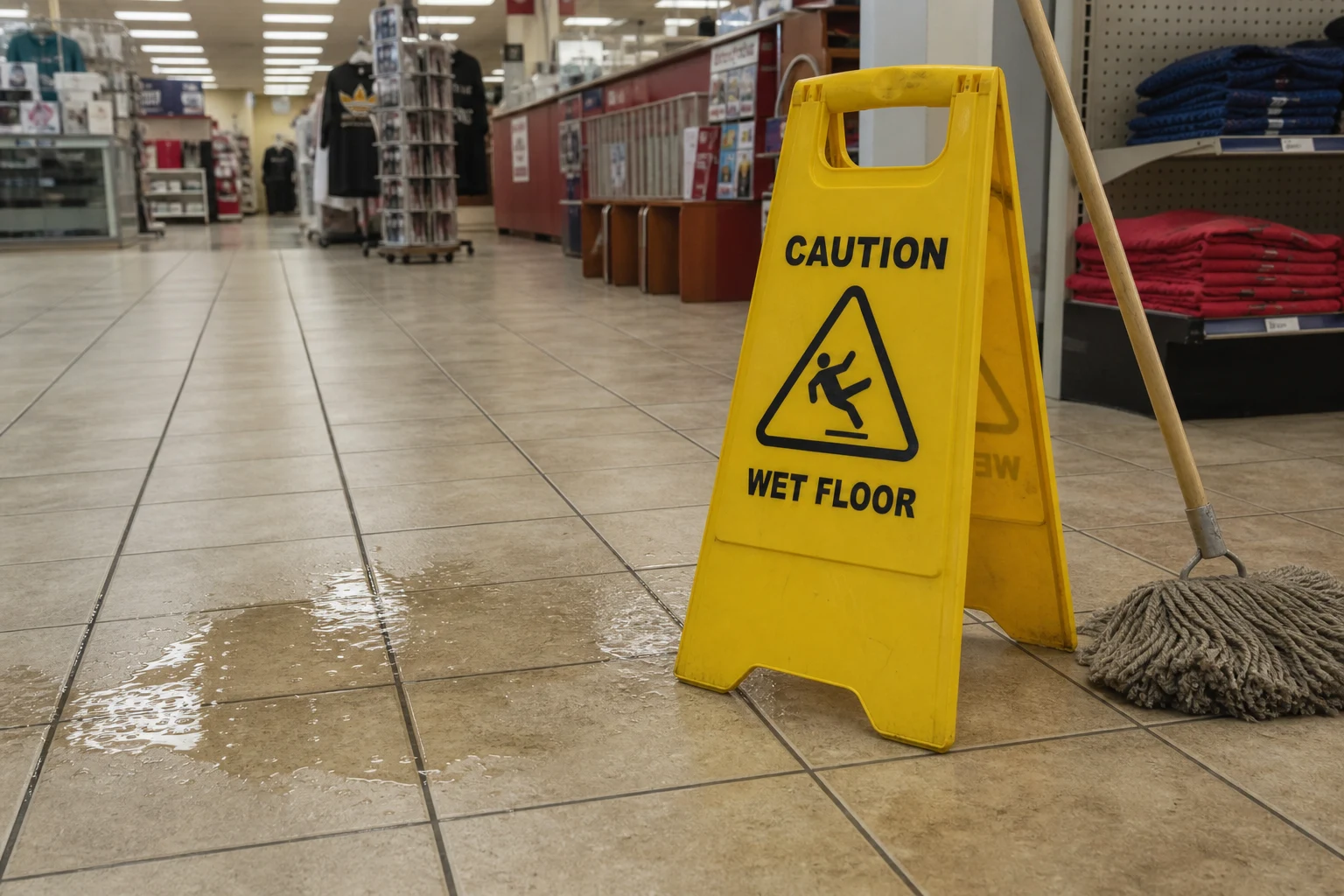 Yellow CAUTION WET FLOOR fold-out sign on a tiled retail floor next to a puddle and a mop under fluorescent light — exactly the warning signage a Fort Wayne premises liability lawyer checks for in every store-fall case